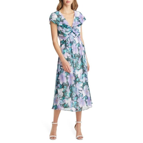 Tadashi Shoji Edith Printed Floral A-Line Dress Tea Midi Length Lilac NWT Size 8 - Picture 1 of 14